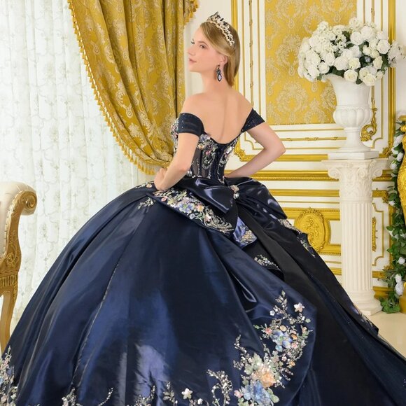 New Navy Off The Shoulder Quinceanera Floral Dress w/ Layered Skirt GL3792 - Picture 11 of 13